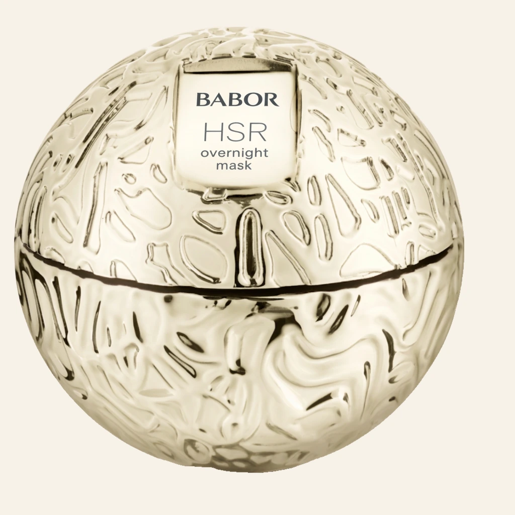 BABOR HSR Overnight Mask in luxuriösem, kugelförmigem goldenen Tiegel mit strukturierter Oberfläche, intensiv regenerierende Anti-Aging Nachtmaske für glattere, straffere und sichtbar erholte Haut am Morgen.