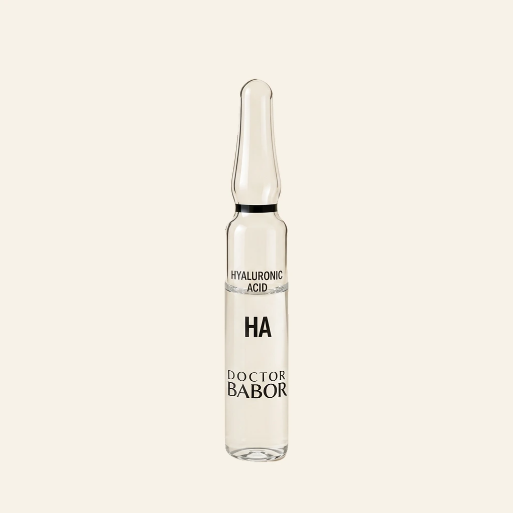 „DOCTOR BABOR Hyaluronic Acid Ampulle auf elegantem beigem Spa-Hintergrund – luxuriöse Wirkstoffampulle mit Hyaluronsäure zur intensiven Feuchtigkeitsversorgung und Unterstützung praller, glatter und strahlender Haut