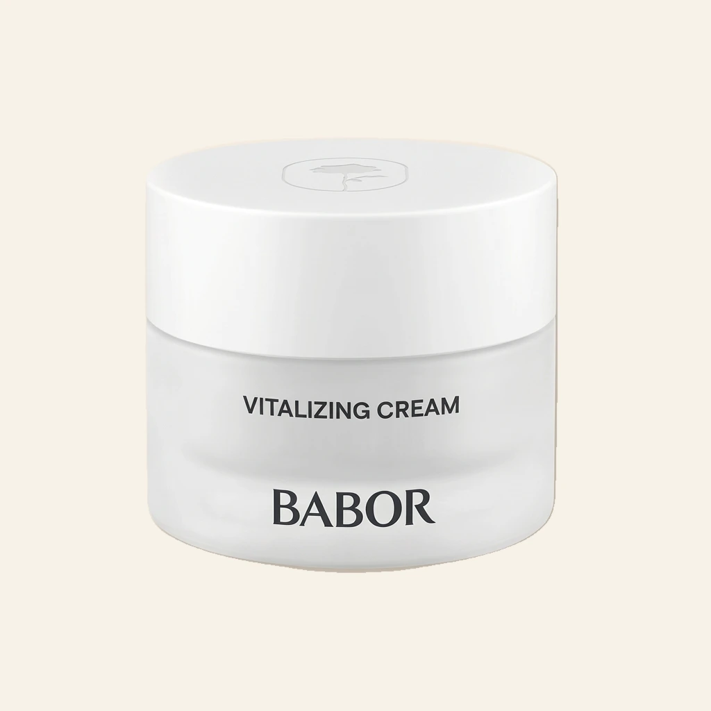 BABOR Vitalizing Cream in schlichtem, weißen Tiegel, revitalisierende Gesichtscreme für mehr Energie, Ausstrahlung und ein frisches, ebenmäßiges Hautbild.