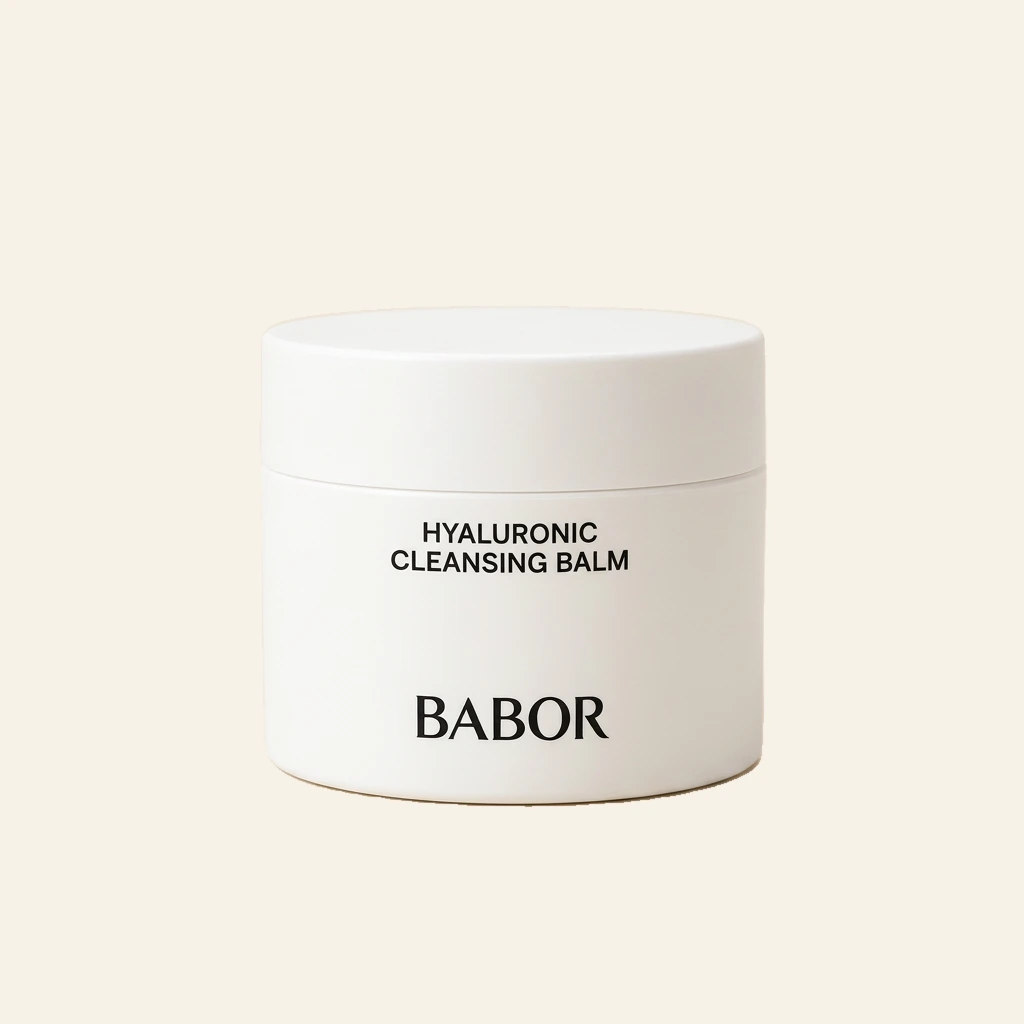 BABOR Hyaluronic Cleansing Balm auf elegantem beigem Spa-Hintergrund – luxuriöser Reinigungsbalsam mit Hyaluronsäure zur sanften Make-up-Entfernung und intensiven Feuchtigkeitsversorgung der Haut.