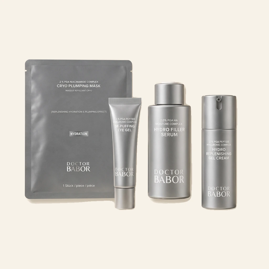 Set of Doctor Babor skincare products on a wooden surface with a natural background