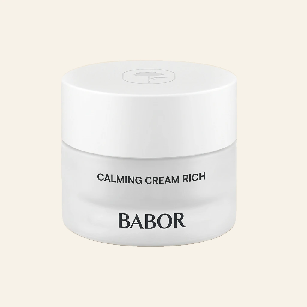 BABOR Calming Cream Rich in schlichtem, weißen Tiegel, reichhaltige beruhigende Gesichtscreme für trockene und empfindliche Haut, stärkt die Hautbarriere und sorgt für intensive Pflege und Entspannung der Haut.