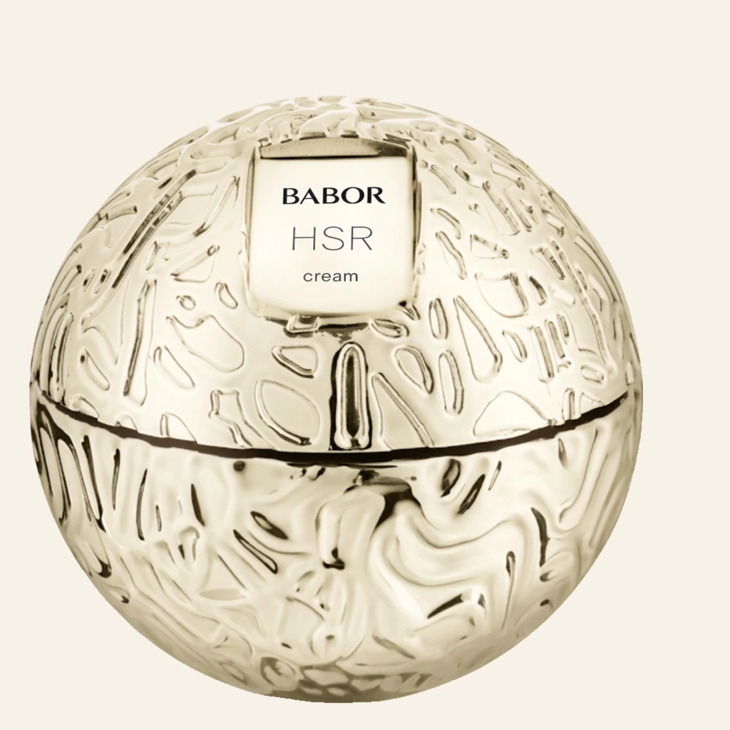 BABOR HSR Cream in luxuriösem, kugelförmigem goldenen Tiegel mit strukturierter Oberfläche, hochwertige Anti-Aging Gesichtscreme für straffere Haut und sichtbar reduzierte Falten.