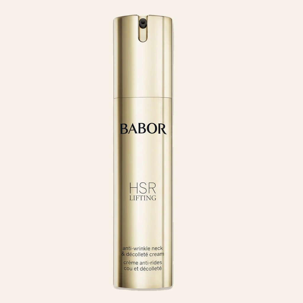 BABOR HSR Lifting Anti-Wrinkle Neck & Décolleté Cream in eleganter goldener Pumpspender-Flasche, straffende Anti-Aging Pflege für Hals und Dekolleté zur sichtbaren Reduktion von Falten und für ein glatteres Hautbild.