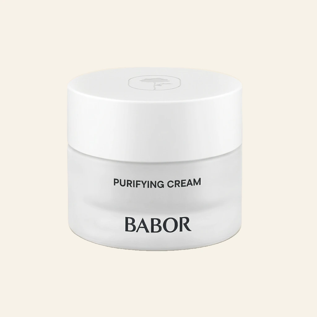 BABOR Purifying Cream in schlichtem, weißen Tiegel, klärende Gesichtscreme für unreine und ölige Haut, reduziert Unreinheiten und sorgt für ein mattiertes, verfeinertes Hautbild.
