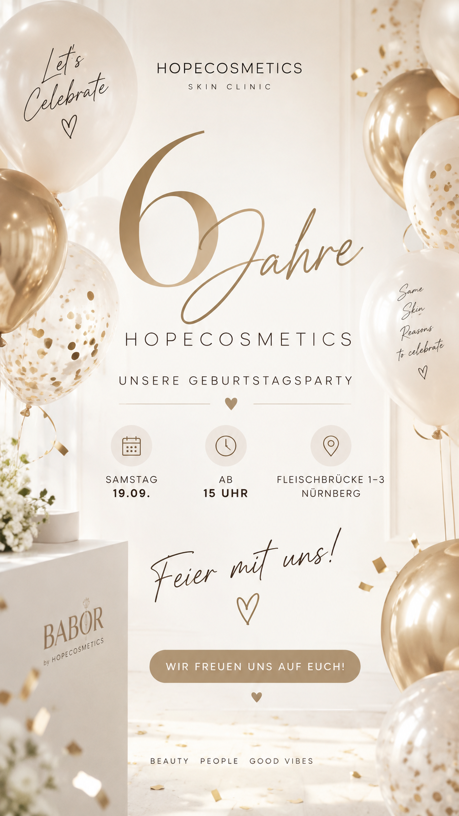 Einladung zur Geburtstagsparty: 6 Jahre HopeCosmetics Skin Clinic, Samstag 19.09. ab 15 Uhr, Fleischbrücke 1–3 Nürnberg