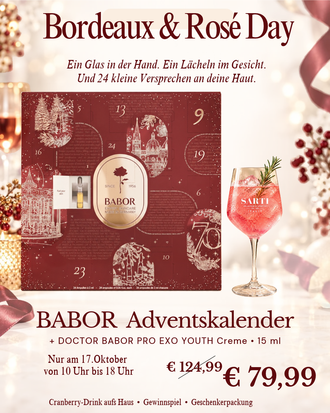 Bordeaux & Rosé Day am 17.10.: BABOR Adventskalender mit Doctor BABOR Pro Exo Youth Creme 15 ml, am Aktionstag 79,99 € statt 124,99 € – nur von 10 bis 18 Uhr in der Skin Clinic, mit Cranberry-Drink, Gewinnspiel und Geschenkerpackung