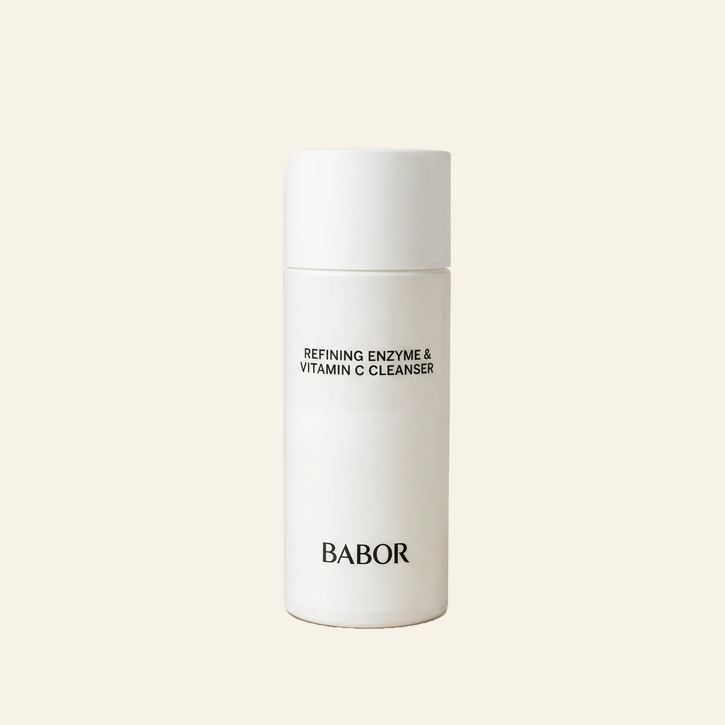 BABOR Refining Enzyme & Vitamin C Cleanser in eleganter weißer Verpackung vor modernem Spa-Hintergrund mit sanften Beige- und Cremetönen, Naturstein und stilvollen Wellness-Elementen. Hochwertige Beauty-Produktinszenierung mit cleanem Luxus-Look und entspannender Spa-Atmosphäre.
