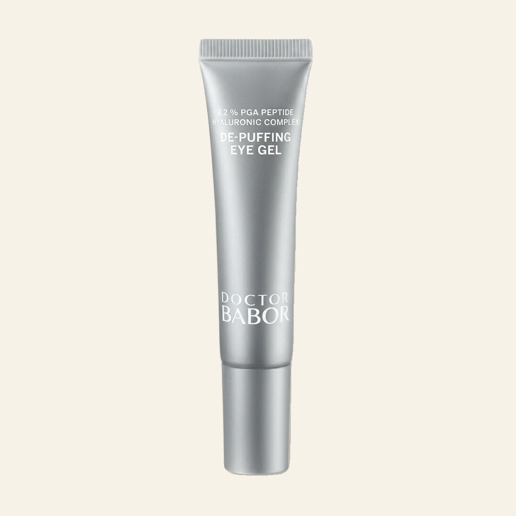 Doctor Babor De-Puffing Eye Gel mit PGA Peptide Hyaluronic Complex in silberner Tube, kühlendes Augenpflege-Gel gegen Schwellungen und Augenringe