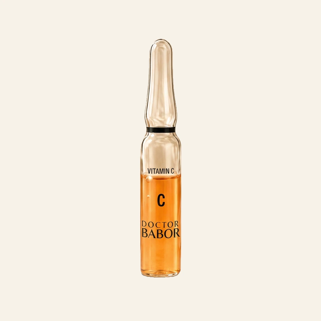 DOCTOR BABOR Vitamin C Ampulle auf elegantem beigem Spa-Hintergrund – luxuriöse Wirkstoffampulle mit Vitamin C zur Unterstützung eines strahlenden, ebenmäßigen und revitalisierten Hautbildes