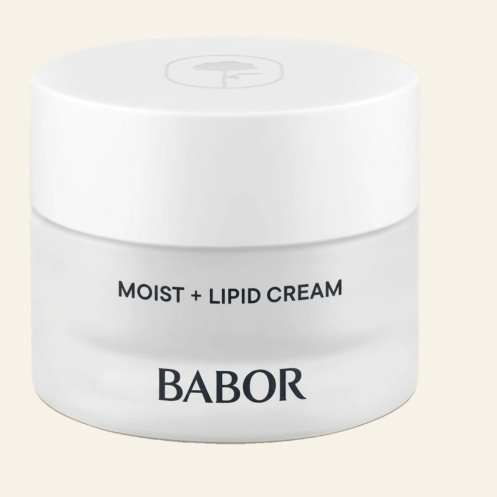 BABOR Moist + Lipid Cream in schlichtem, weißen Tiegel, reichhaltige Gesichtscreme für trockene Haut, stärkt die Hautbarriere und sorgt für intensive Pflege und ein geschmeidiges Hautgefühl.
