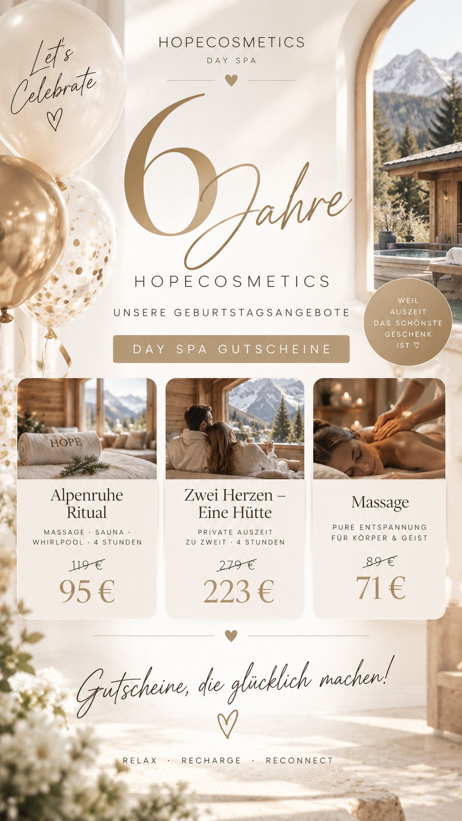 Geburtstagsangebote für Day Spa Gutscheine: Alpenruhe Ritual 95 €, Zwei Herzen – Eine Hütte 223 €, Massage 71 €