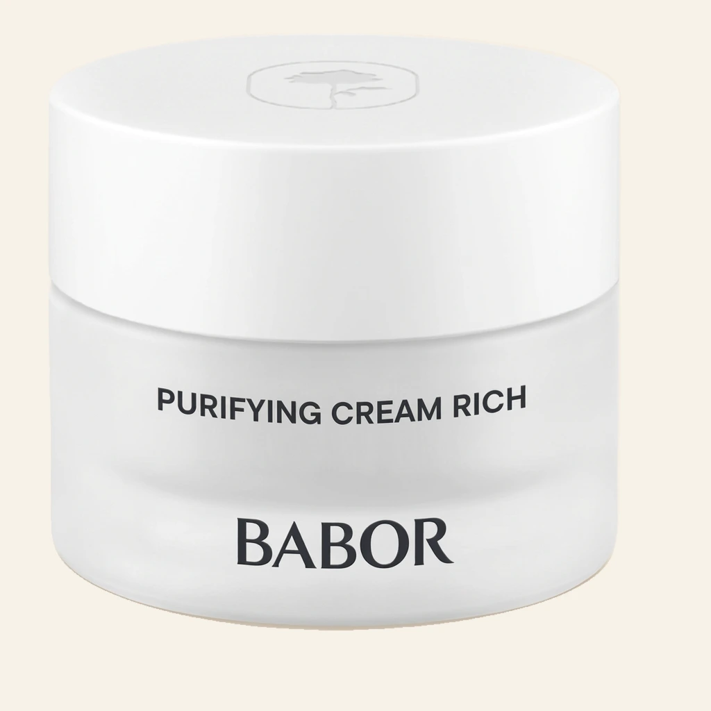 BABOR Purifying Cream Rich in schlichtem, weißen Tiegel, reichhaltige klärende Gesichtscreme für unreine und gleichzeitig trockene Haut, reduziert Unreinheiten und sorgt für ein ausgeglichenes, gepflegtes Hautbild.