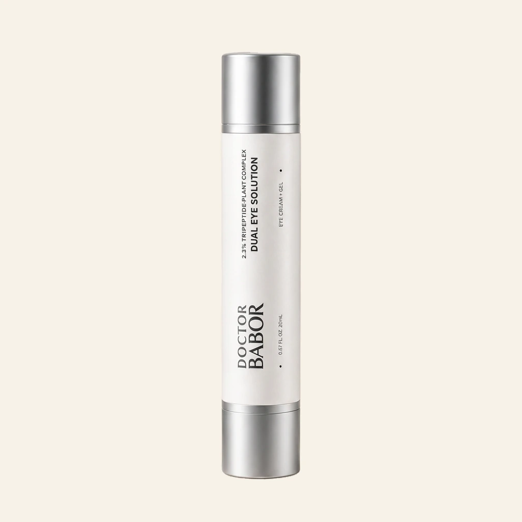 DOCTOR BABOR Dual Eye Solution Augenpflege mit modernem Luxus-Design auf elegantem beigem Hintergrund – hochwertige Anti-Aging Augencreme und Gel gegen Falten, Schwellungen und müde Augen.