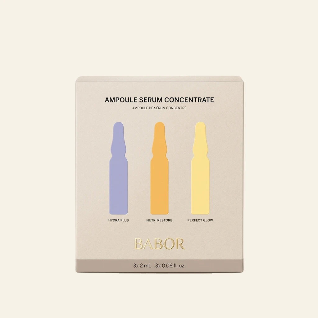 BABOR Ampoule Serum Concentrate Geschenkset mit Hydra Plus, Nutri Restore und Perfect Glow Ampullen auf elegantem beigem Spa-Hintergrund – hochwertige Feuchtigkeits- und Glow-Ampullen für strahlende Haut.