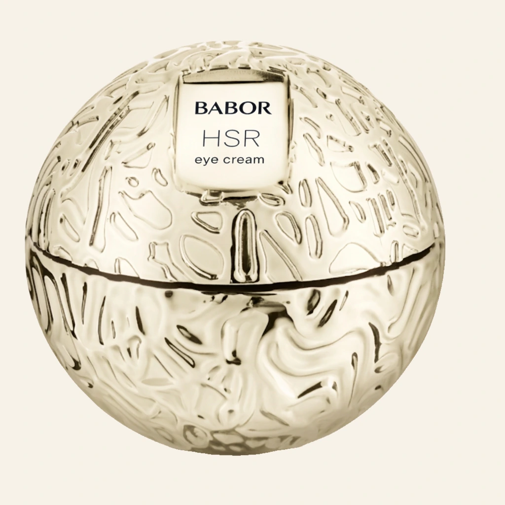 BABOR HSR Eye Cream in luxuriösem, kugelförmigem goldenen Tiegel mit strukturierter Oberfläche, hochwertige Anti-Aging Augencreme für eine glattere, straffere Augenpartie und sichtbar reduzierte Fältchen.