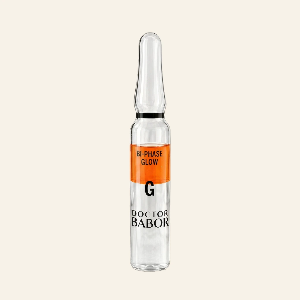 DOCTOR BABOR Bi-Phase Glow Ampulle auf elegantem beigem Spa-Hintergrund – luxuriöse Glow-Ampulle zur Unterstützung eines strahlenden, frischen und sichtbar revitalisierten Hautbildes