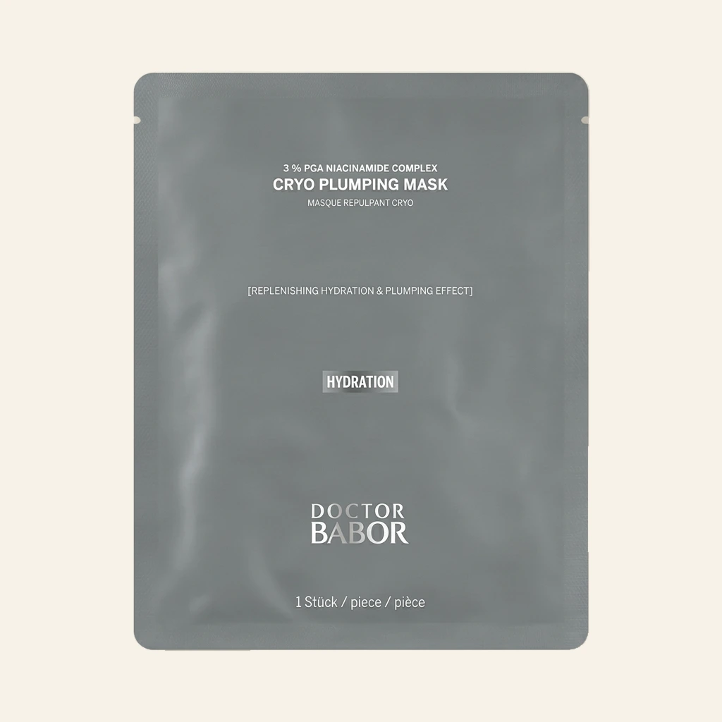 Doctor Babor Cryo Plumping Mask in silberner Verpackung, kühlende Anti-Aging Gesichtsmaske für mehr Volumen, Feuchtigkeit und sichtbar glattere Haut
