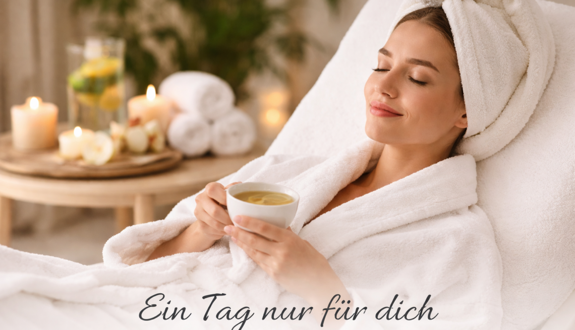 Entspannter Spa-Tag mit Frau im Bademantel, Kerzenlicht und Tee – Symbol für Erholung, Ruhe und bewusste Auszeit im Day Spa.