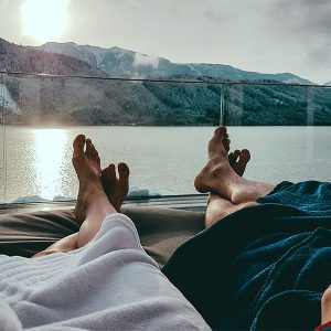 View of a valley lake from a couple's point of view