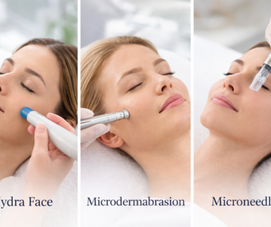 Vergleich von Hydra Face, Microdermabrasion und Microneedling als professionelle Gesichtsbehandlungen im Kosmetikstudio.